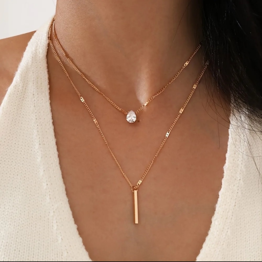 NEW Vintage Boutique Gold Rhinestone Layered 2 Tier Formal Minimalist Necklace